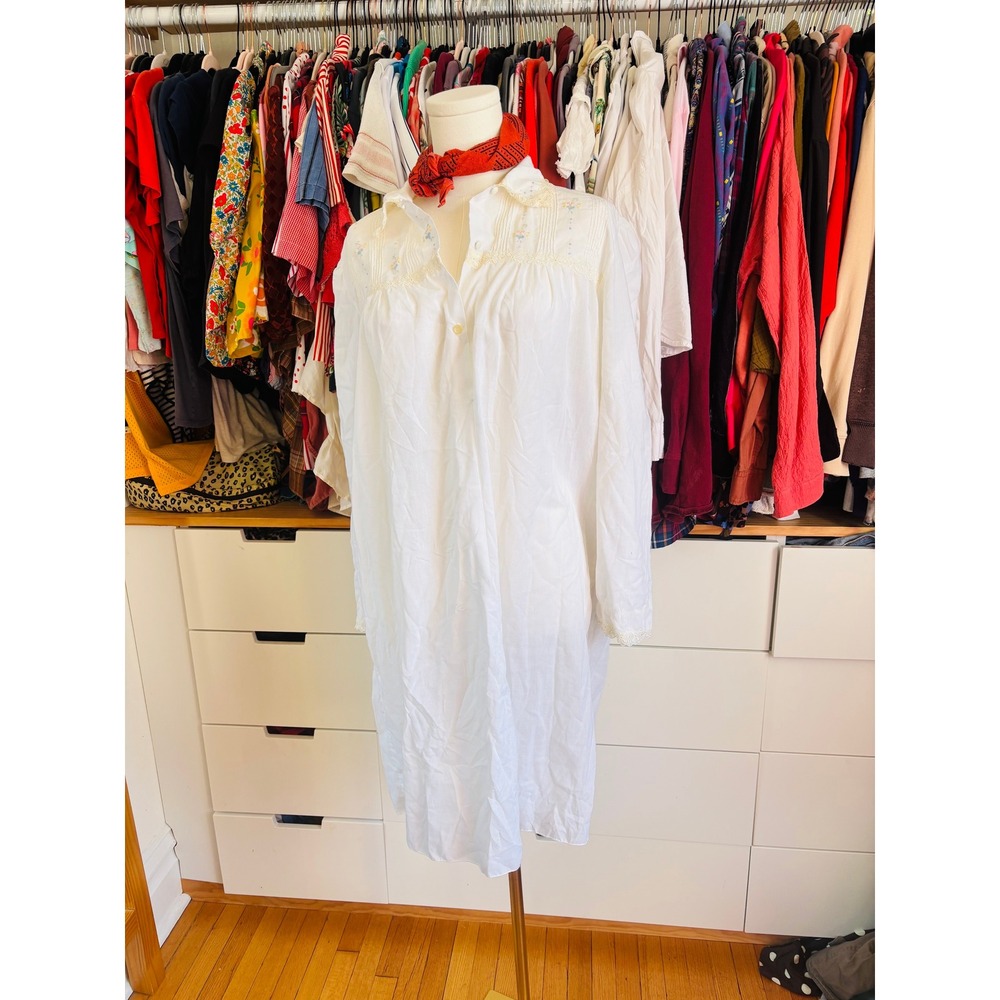 Saks Fifth Avenue Nightgown Women L White Vintage 70s Boho Prairie‎ Bed Dress